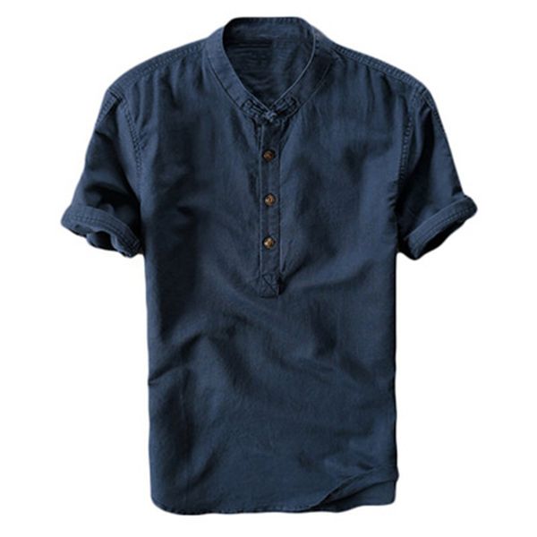 

2019 new summer brand shirt men short sleeve loose thin cotton linen shirt male fashion solid color trend o-neck tees navy, White;black