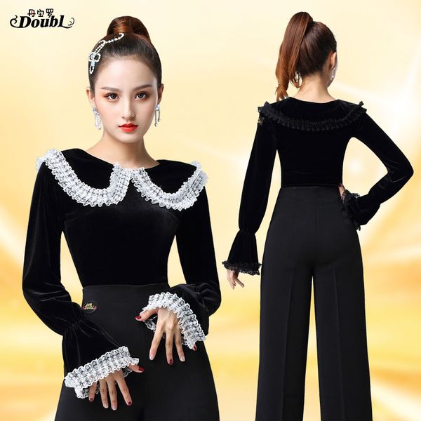 

latin dance clothes velvet modern ballroom waltz tango dance female long sleeve ruffles new standard party, Black;red