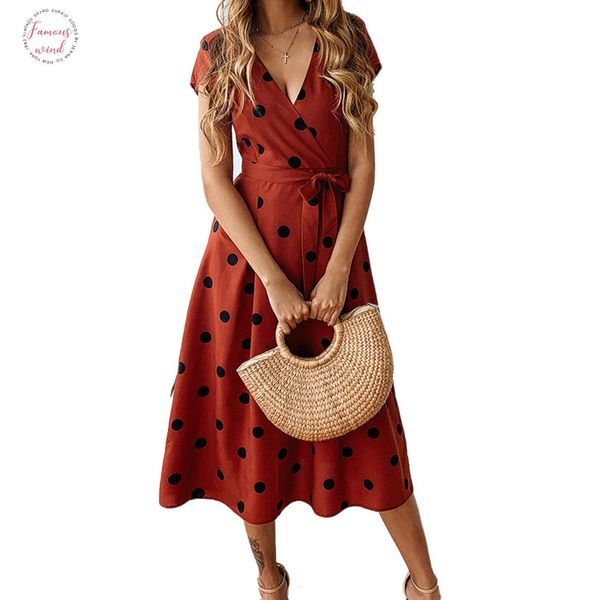 

summer dress women vintage casual polka dot print a line party long dress red dresses v neck short lace sleeve, Black;gray