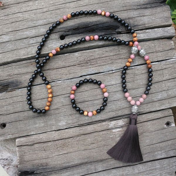 

8mm black onyx and rhodochrosite mala beads necklace, help calming japamala, 108 bead mala, mala jewelry, prayer beads, Silver