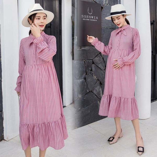 

2019 new pregnant women breastfeeding long lantern sleeves striped bow pregnant women breastfeeding dress care, White