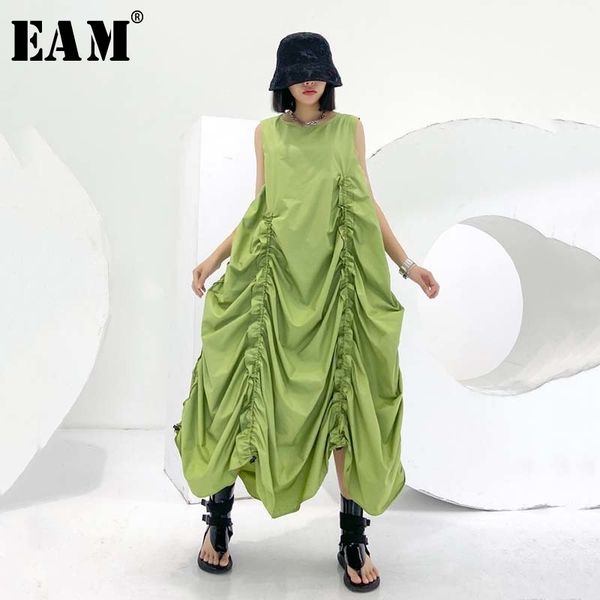 

eam] women green drawstring pleated long dress new round neck sleeveless loose fit fashion tide spring summer 2020 1u721, Black;gray