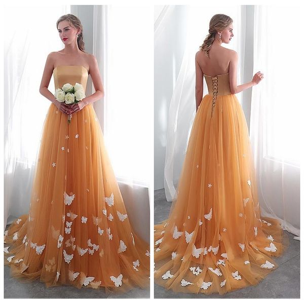 

2021 strapless a-line tulle prom dresses butterfly appliques special occasion party gowns formal women evening gowns vestidos de soiree, Black