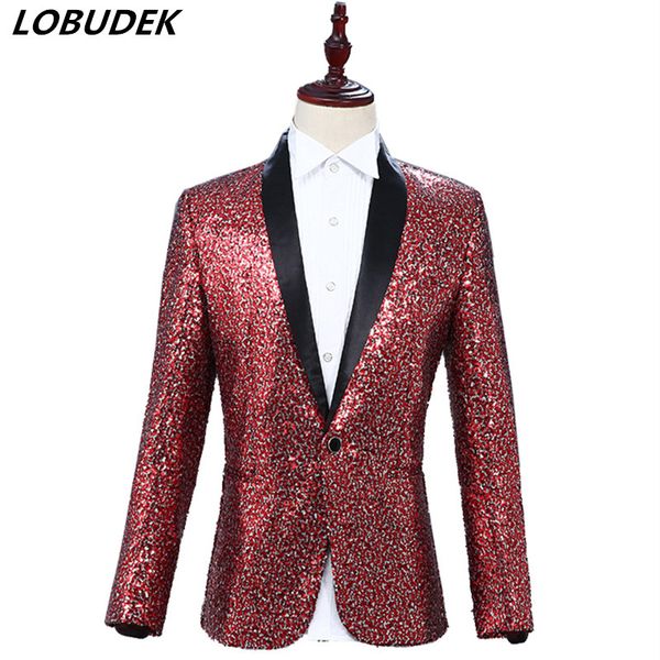 

nightclub male dj singer stage costume wine red color blue sequins blazer coat formal host prom party show performance outerwear, White;black
