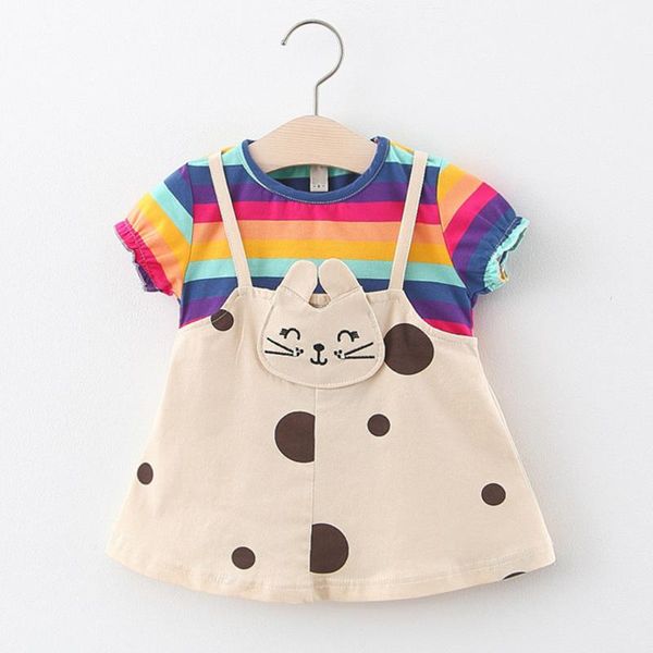 

1-3y) children's short-sleeved cat rainbow stripes fake two-piece dress princess dress summer comfortable fashion cat s4, Red;yellow