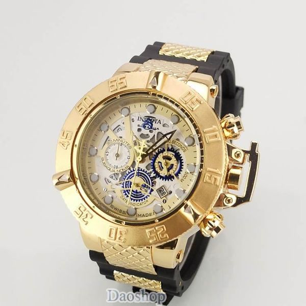 

Invicta luxury gold watch all ub dial working men port quartz watche chronograph auto date rubber band wri t watch for male gift 001