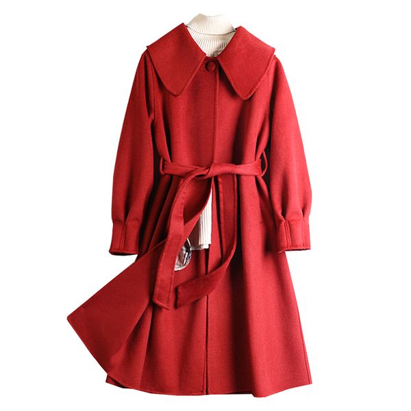 

2020 long double cashmere winter coat women turn-down collar red wool jacket modis outerwear autumn and winter new arrival, Black