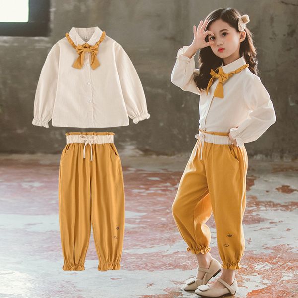 

girls clothing sets kids boutique clothes new 2020 spring fall fashion long sleeve bowtie blouse pants set two pieces suit 12y, White