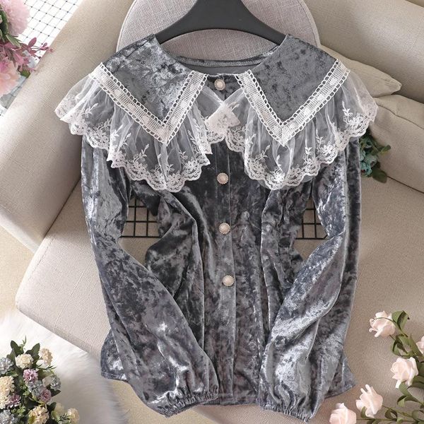 

the new small fresh shirt female gold velvet long-sleeved shirt wild fashion doll collar, White