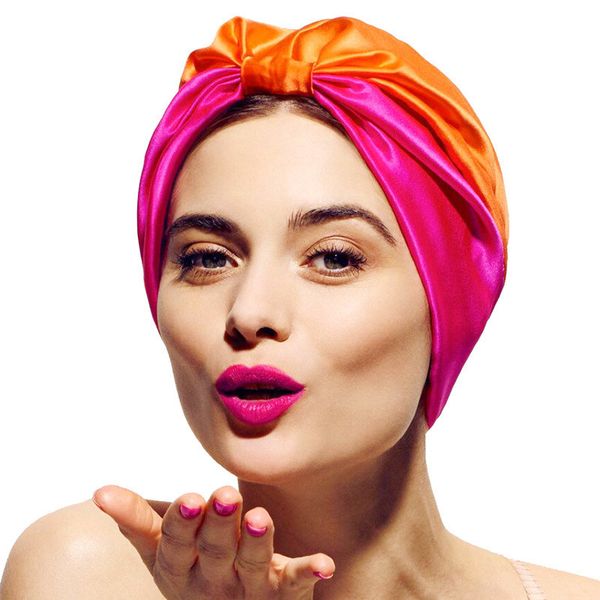 

elastic double layer satin sleeping cap hair protection shower cap girls turban bandana women fake silk head wrap head scarf, Blue;gray