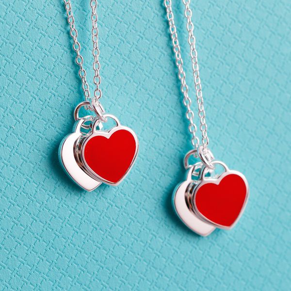 

doyubo brand pure silver red enamel double heart charm necklace for women wedding 925 sterling silver heart chains jewelry va174