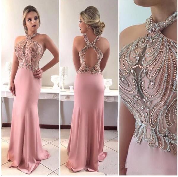 

2019 pink halter keyhole mermaid prom dresses crystal beading sleeveless hollow back evening dress wear party gown custom dubai vestido, Black