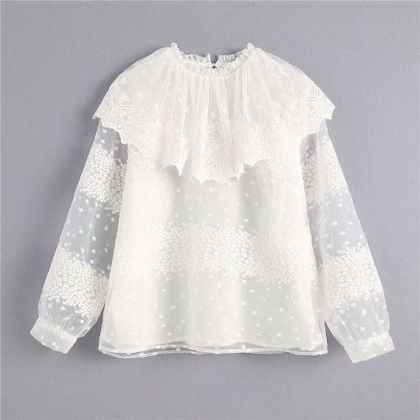

fashion autumn elegant embroidery floral women's shirt preppy style ruffled patchwork blouse girl puff sleeve, White