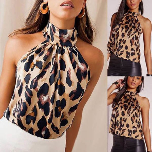 

womens leopard print halter neck sleeveless linen button cami vest evening party drop shipping, White