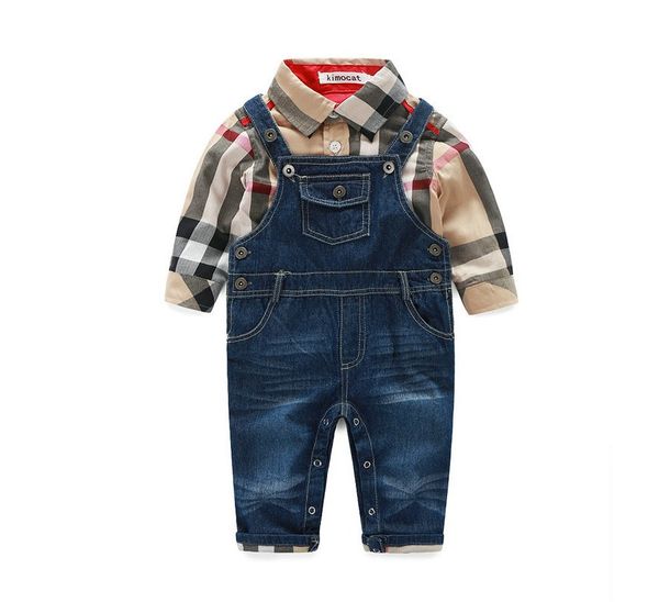 

spring autumn baby boys gentleman style clothing sets toddler boys plaid shirt+denim suspender pants 2pcs set infant suit kids outfits, White