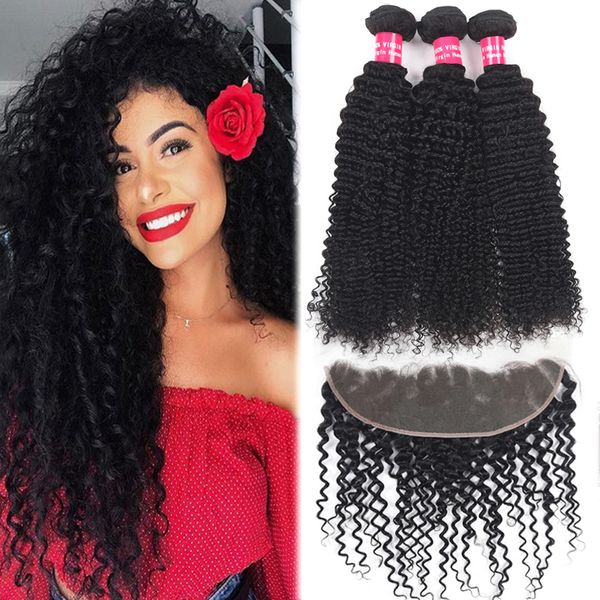 

brazilian kinky curly virgin hair 3 bundles with 13x4 ear to ear lace frontal closure deep straight body loose wave kinky curly with closure, Black