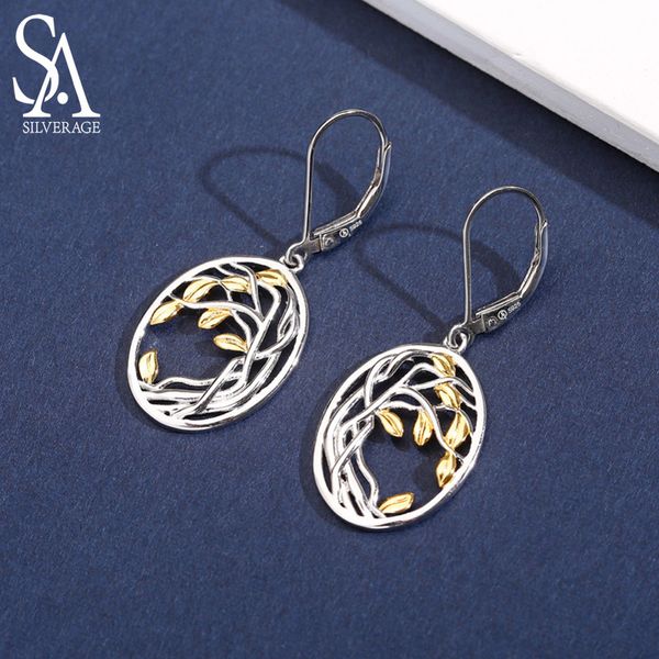 

sa silverage 925 sterling silver tree of life drop earrings for woman 925 silver long women earrings yellow gold color brincos t190701