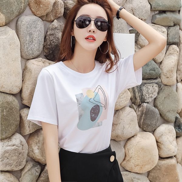 

summer new korean women's loose round neck printing short sleeve t-shirt women's top, White