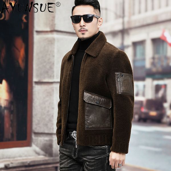 

ayunsue 2020 real fur coat men autumn winter male jacket korean sheep shearing 100% wool fur leather jacket men 19-3706 kj5160, Black