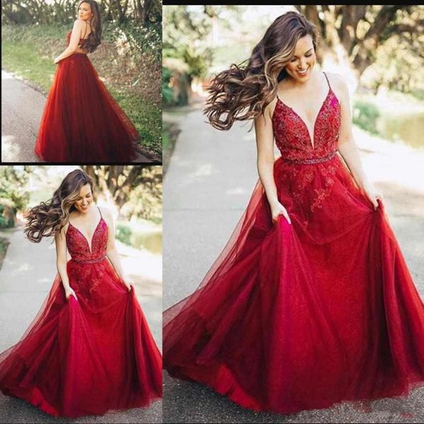 

Deep V Neck Evening Dresses 2019 Lace Appliques Beaded Prom Gowns Back With Zipper Tulle Satin Long Evening Gowns Sweep Train 35