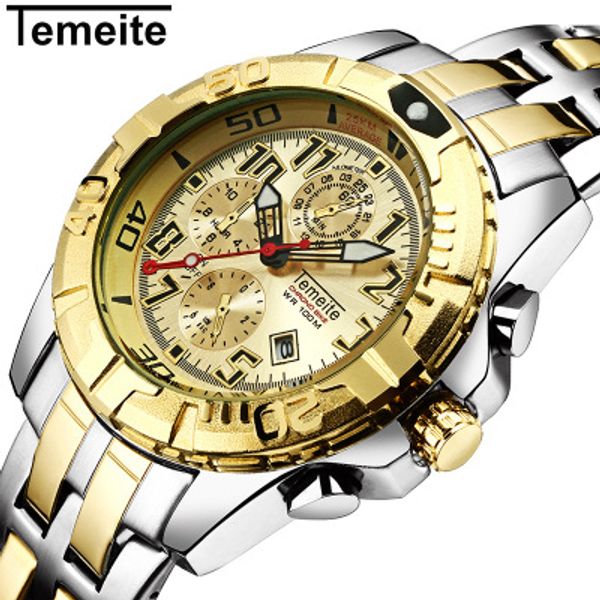 

temeite casual brand men quartz watch full steel gold sport mens watches waterproof date clock male wristwatch relogio masculino, Slivery;brown