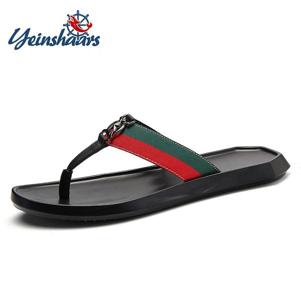 

yeinshaars flat with beach fashion outside men's slippers leisure concise summer flip flops narrow band sewing solid men shoes, Black