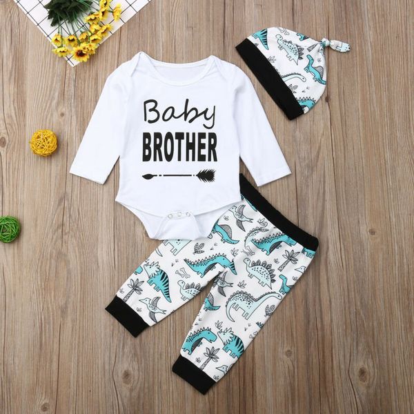 

baby boy clothes set 2019 toddler kids newborn autumn long sleeve bodysuit dinosaur pants hat outfits clothing 0-24m 3pcs, White