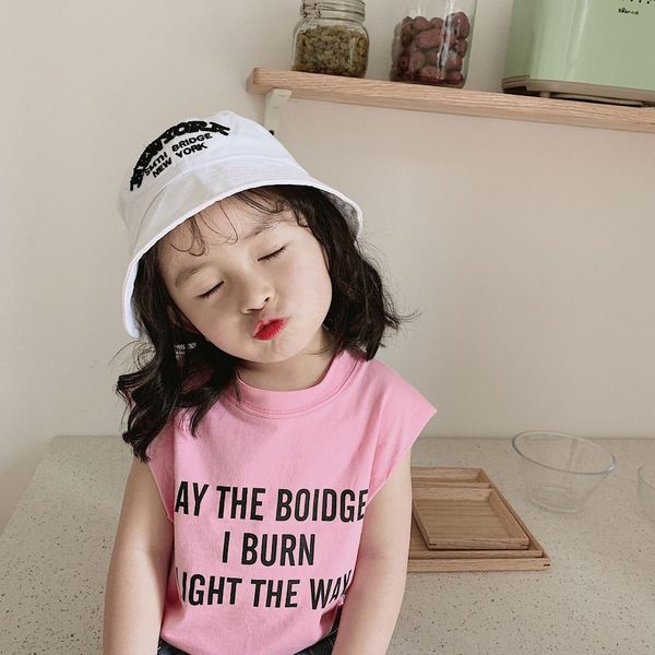 

children's wear 2019 new summer girls tie t-shirt korean version of the children's print sleeveless round neck t-shirt, Blue