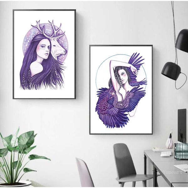 

nordic posters and prints flowers deer owl bird wolf girl portrait wall art canvas painting living room picture decoration