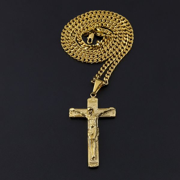 

иисус крест ожерелье позолоченный кулон из нержавеющей стали мода религиозная вера ожерелье мужские хип-хоп ювелирные изделия, Silver