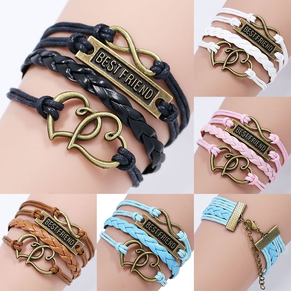 Clássico Melhor Amigo Carta charme pulseiras Para mulheres Homens trançado corda de couro Duplo Coração Infinito envoltório pulseira amizade Jóias Presente