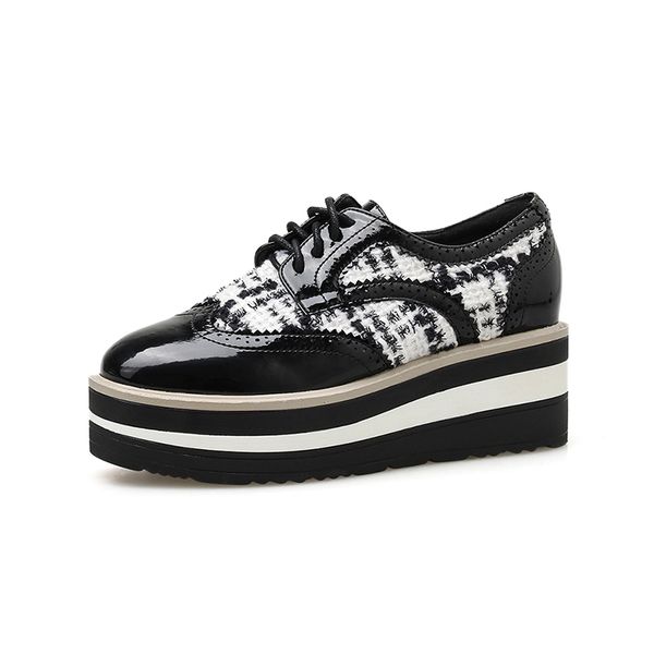 

fashion patent leather suede plaid height increasing platform shoes female leisure women flat shoes creepers single, Black
