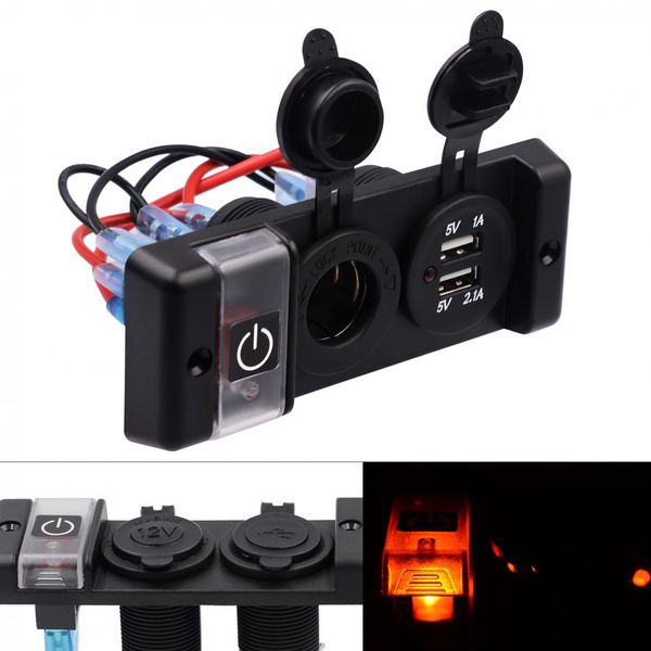 Freeshipping 12V Impermeabile 16A Dual USB Caricabatteria da auto Pannello interruttore di controllo alimentazione a tre bit con presa accendisigari e luce rossa per automobile