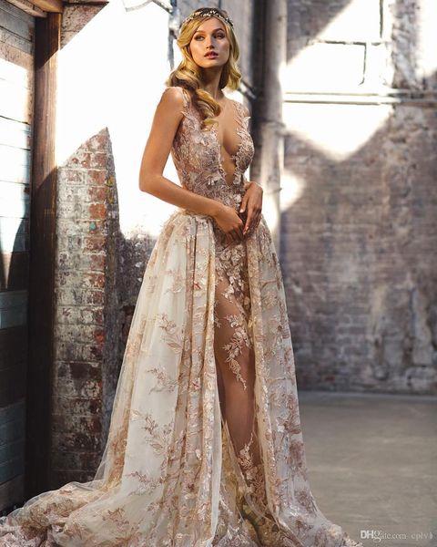 

богемный 3d аппликация a-line overskirt свадебные платья прозрачная глубокая шея прозрачная шлейф с открытой спиной тюль плюс размер 2019 св, White