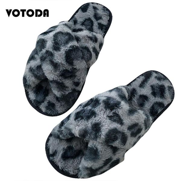 

winter women warm leopard print slippers lady plush cross cotton slides female flat soft comfortable slippers fashion home shoes, Black