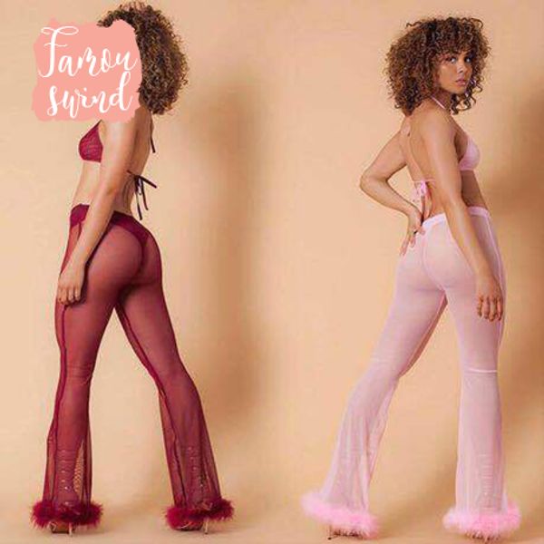 

перо 2019 брюки mesh wide leg sheer смотрите через прозрачный искусственный мех дифферент штаны высокой талии полного ночной клуб wear, Black;white