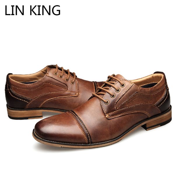 

lin king spring autumn plus size 40-50 men genuine leather dress shoes lace up round toe oxfords shoes wedding party formal shoe, Black