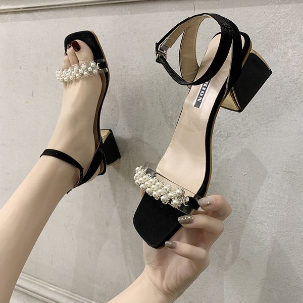 

block heels female sandal comfort shoes for women beige heeled sandals 2020 women's buckle strap med all-match chunky ladies, Black
