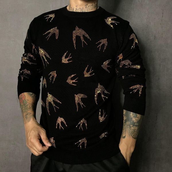 

men's black sweater new beading gold swallow fashion autumn winter leisure man pullover european american style, White;black