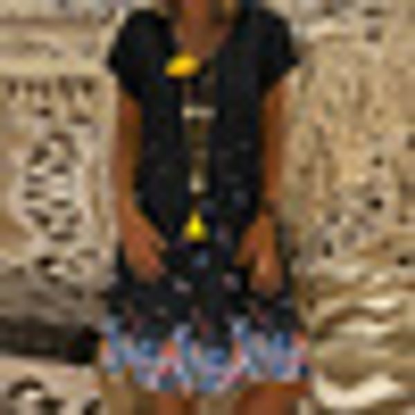 

fashion women's ladies print causal short sleeve mini dress v-neck summer dress pattern casual daily wear, Black;gray