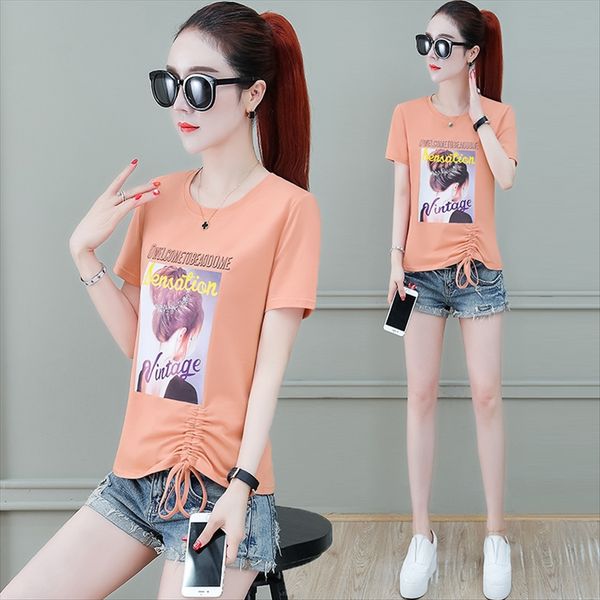 

s54572 summer clothes large size casual t-shirt female t-shirt 2020 slim slim round collar short sleeve printed top, White