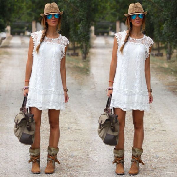 

women summer short mini dress lace floral tassels sleeveless evening party sundress women's simple brief flowers soft dress, Black;gray