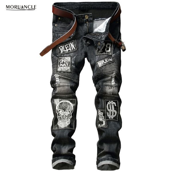 

hi-street mens distressed biker jeans skull patchwork fashion pleated ripped denim joggers black slim fit trousers with patches, Blue