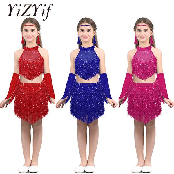 

yizyif tassels girls professional latin dance dress kid salsa performance costumes competition skating dancewear dresses outfits, Black;red