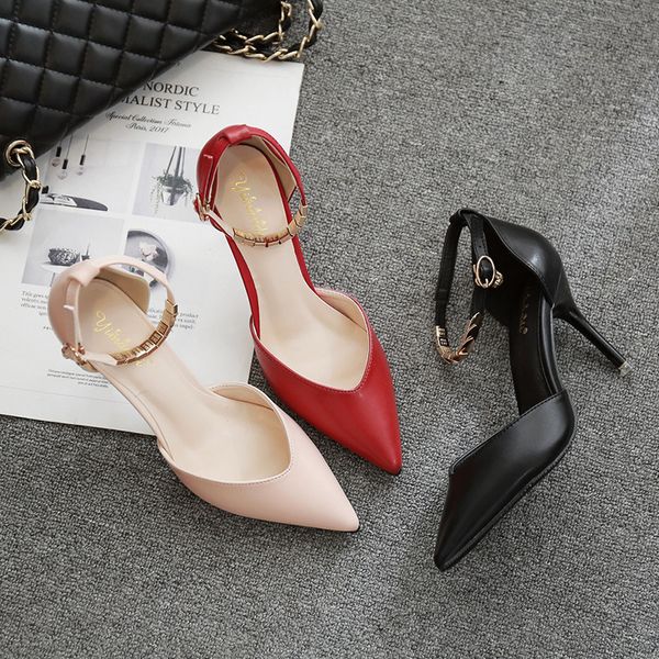 

spring/autumn pointed toe thin heel high heels big size 33-43 women shoes fashion red wedding buckle strap sandals, Black