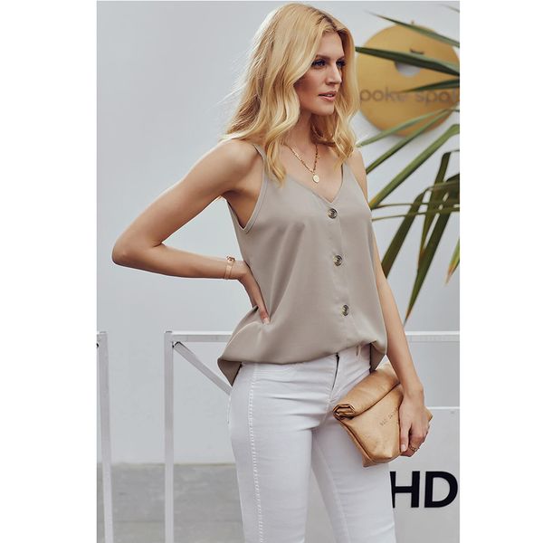 

серый кнопка вниз v образным вырезом ремешками топы свободные повседневные рубашки без рукавов blousesl, White