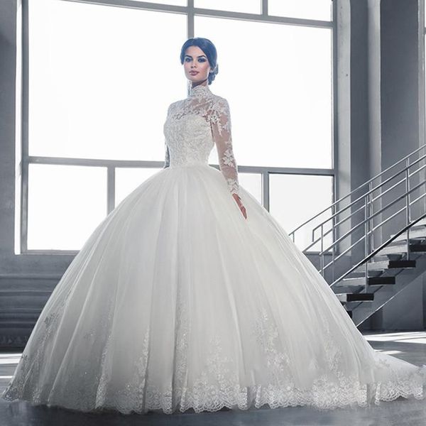Luxo Lace vestido de baile vestidos de casamento de alta pescoço mangas compridas vestidos de noiva até o chão vestido branco