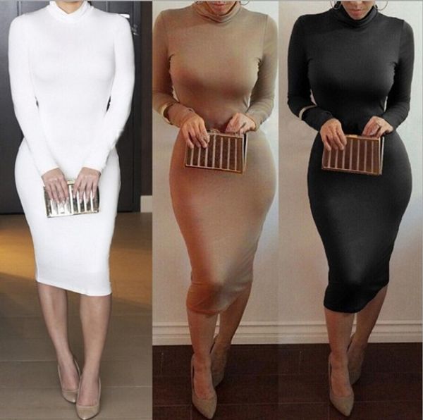 

casual dresses european and american long sleeve solid color dress women's spring autumn fashion turtle neck bodycon, Black;gray
