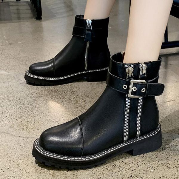 

winter boots women buckle flat zipper ankle boots women fashion retro motorcycle boot ankle belt casual shoes, Black
