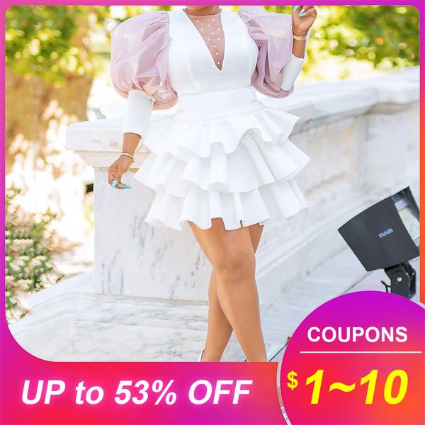

falbala mesh women dress party club white african ruffles mini female dresses robe 2019 lantern sleeve high waist femme vestiods, Black;gray